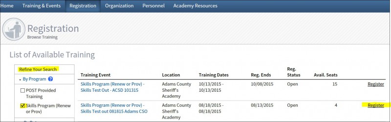 Register for Training Screenshot